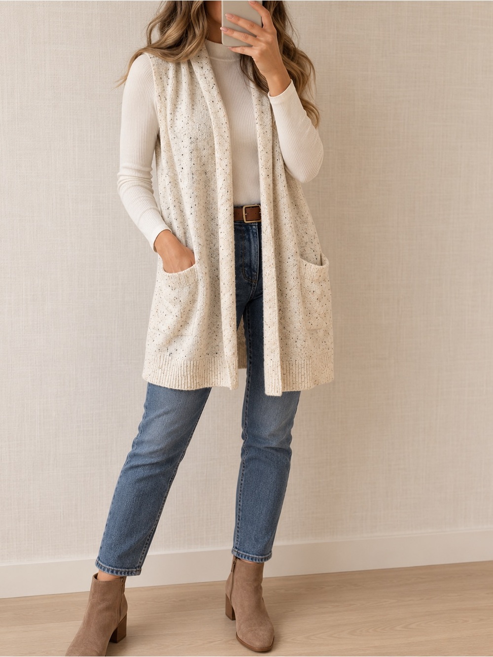 LOFT Speckled Cream Sleeveless Open-Front Cardigan Vest
